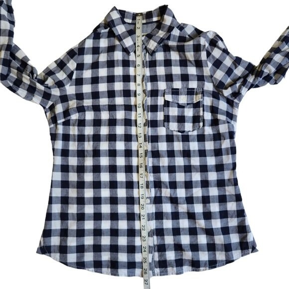 Girl Krazy navy gray white checkered button up long sleeve top sz L - Picture 11 of 12